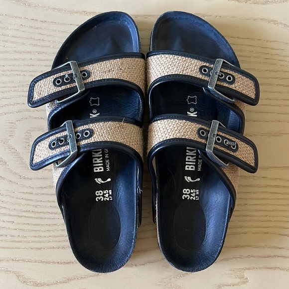 Birkenstock Shoes - Birkenstock Black and Tan Jute Arizona Sandals